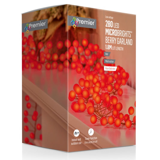 Premier Multi Action 280 LED Microbrights Berry Garland Red Rose Gold Wire
