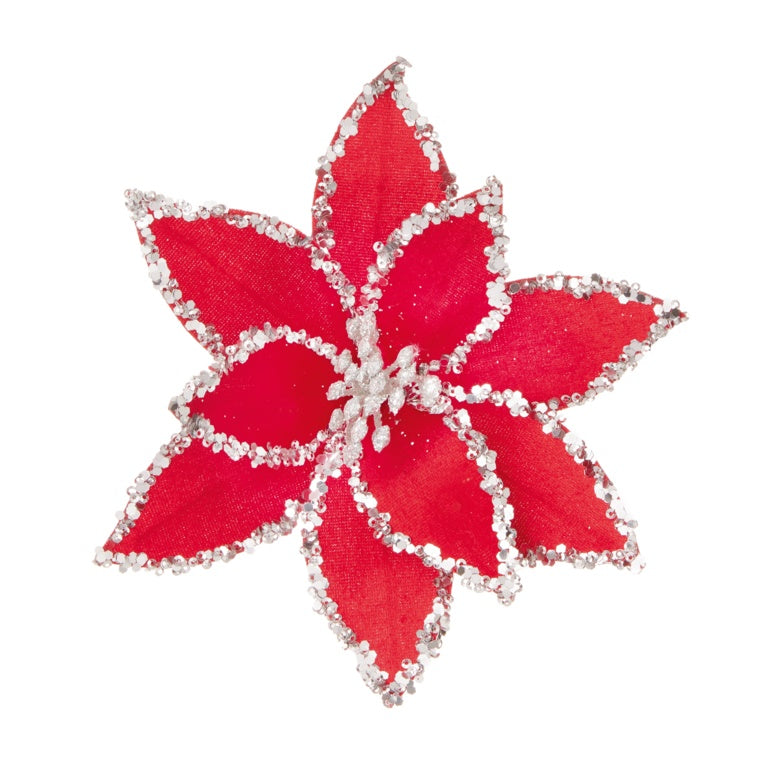 Premier Red & Silver Beaded Poinsettia Clip On 20cm