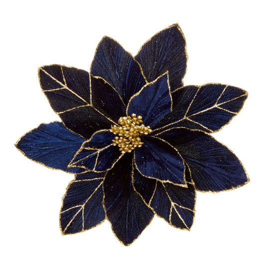 Premier Midnight Blue Poinsettia With Gold Glitter Clip On 29cm