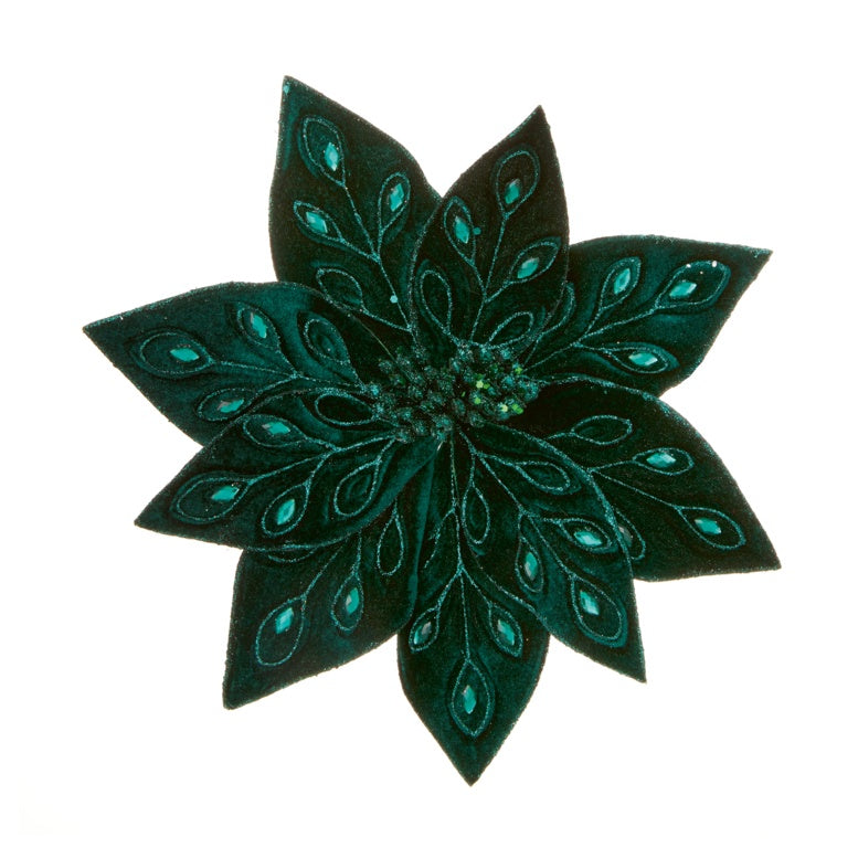 Premier Dark Green Peacock Jewelled Poinsettia Clip ON 28cm