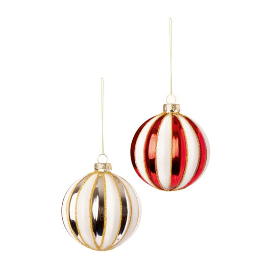 Premier Shiny Stripe Red or White Glass Bauble 80mm