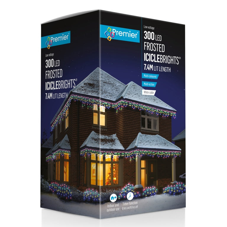 Premier Multi Action 300 LED Frosted Cap Iciclebrights Multi Coloured White Cable