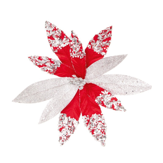 Premier Red Glitter & Silver Sequin Poinsettia Clip On 26cm