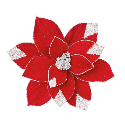 Premier Red Velvet Poinsettia With Silver Sequins Clip On 29cm