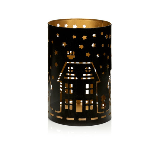Premier Black & Gold House Scene Tea Light Holder 20cm