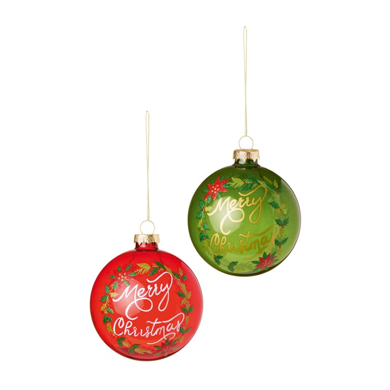 Premier Merry Christmas Glass Bauble Green or Red 80mm