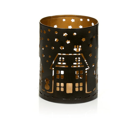 Premier Black & Gold House Scene Tea Light Holder 10cm