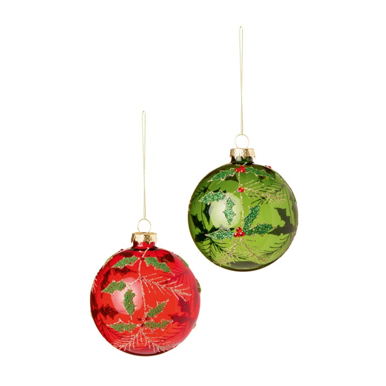 Premier Holly Leaves Glass Bauble Green or Red 80mm