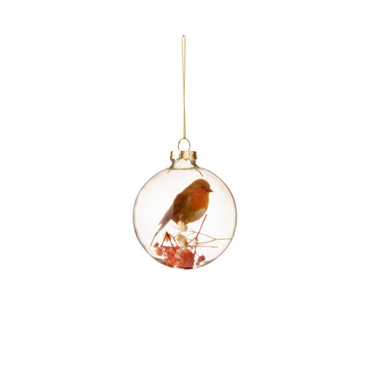 Premier Clear Glass Robin Foliage Bauble 80mm