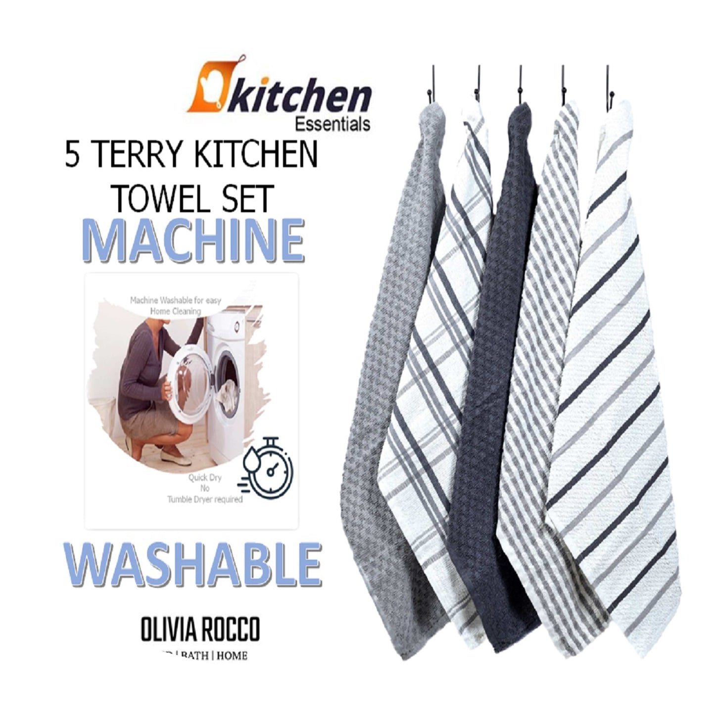 5 Pack Super Absorbent Check Quick Drying Cotton Terry Kitchen Tea Towels Durable Versatile Dish Towels for Home and Professional Use 45cm x 65cm by OLIVIA ROCCO