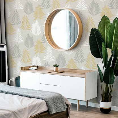 Arthouse Linen Palm Ochre/Grey Wallpaper