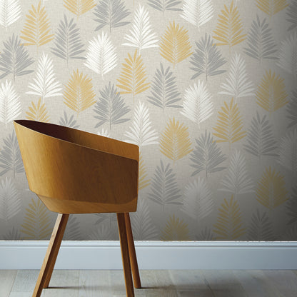 Arthouse Linen Palm Ochre/Grey Wallpaper