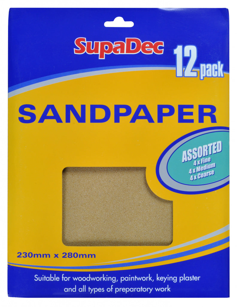 SupaDec Papier abrasif à usage général, paquet de 12 assortis