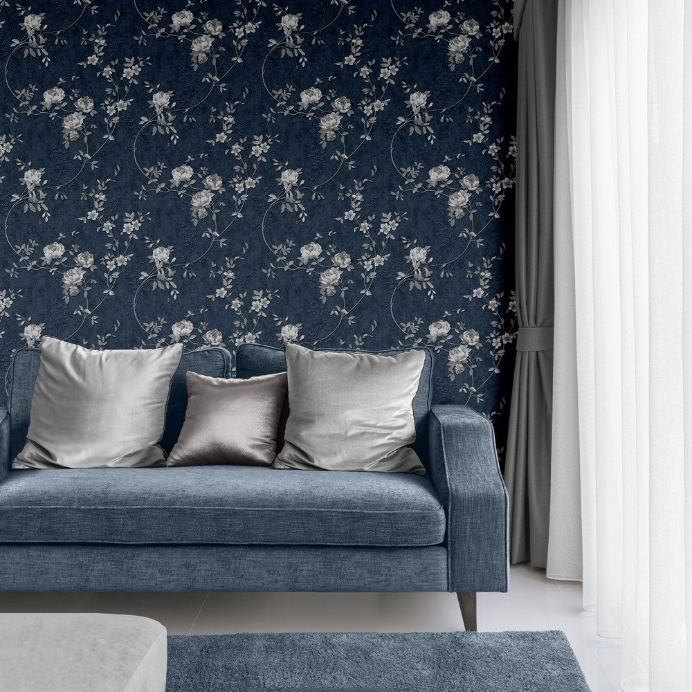 Muriva Bettany Floral Blue/Silver Wallpaper (703053)