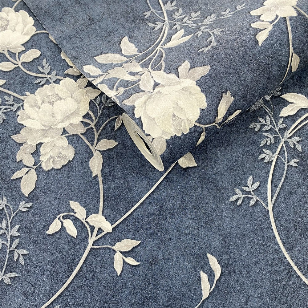 Muriva Bettany Papier peint floral bleu/argent (703053)