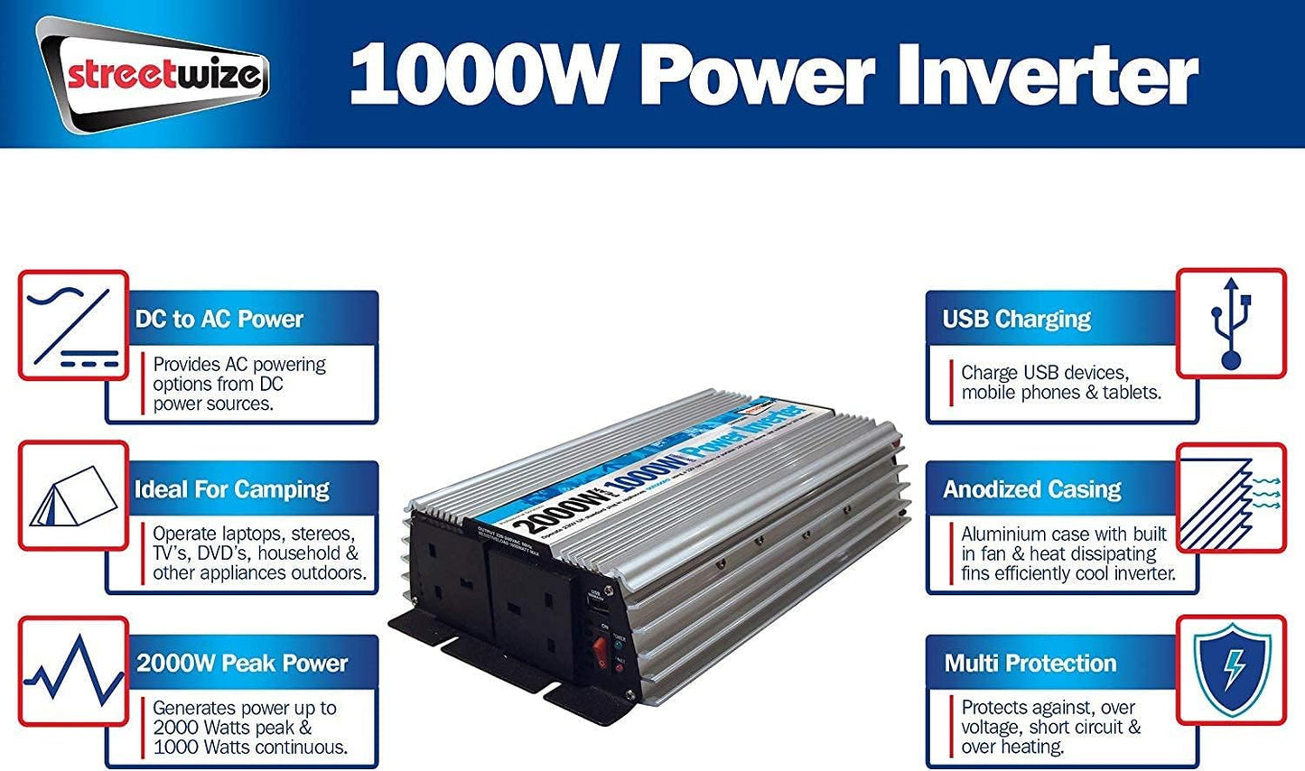 Streetwize 2000W Peak Power/1000watt Continuous Power DC-AC Power Inverter