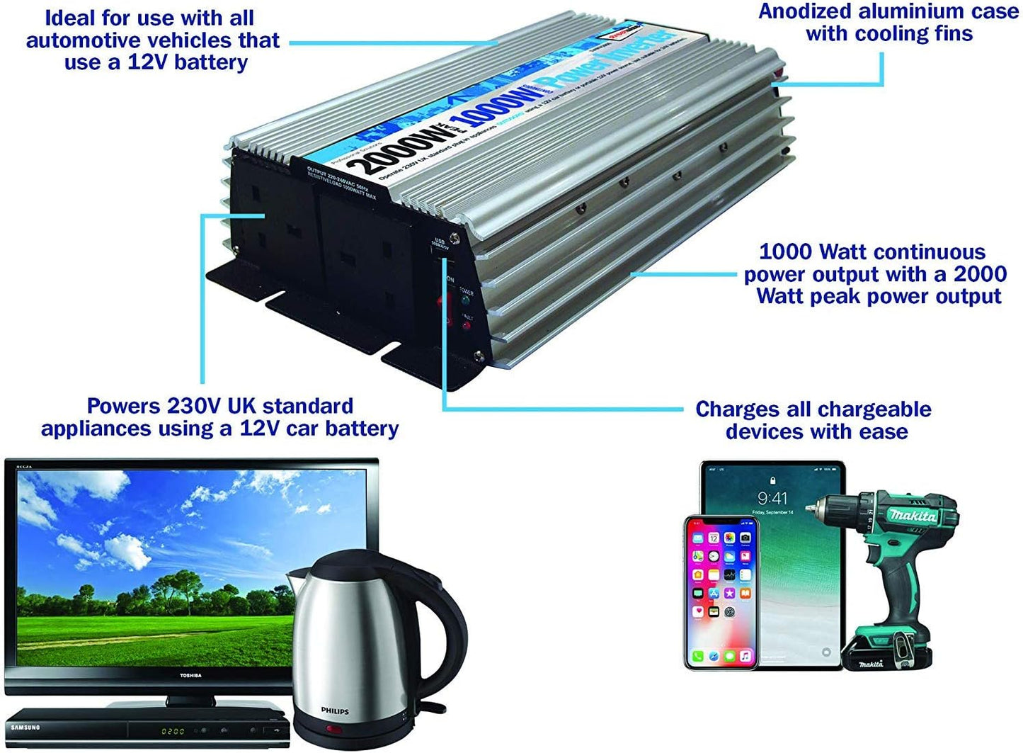 Streetwize 2000W Peak Power/1000watt Continuous Power DC-AC Power Inverter