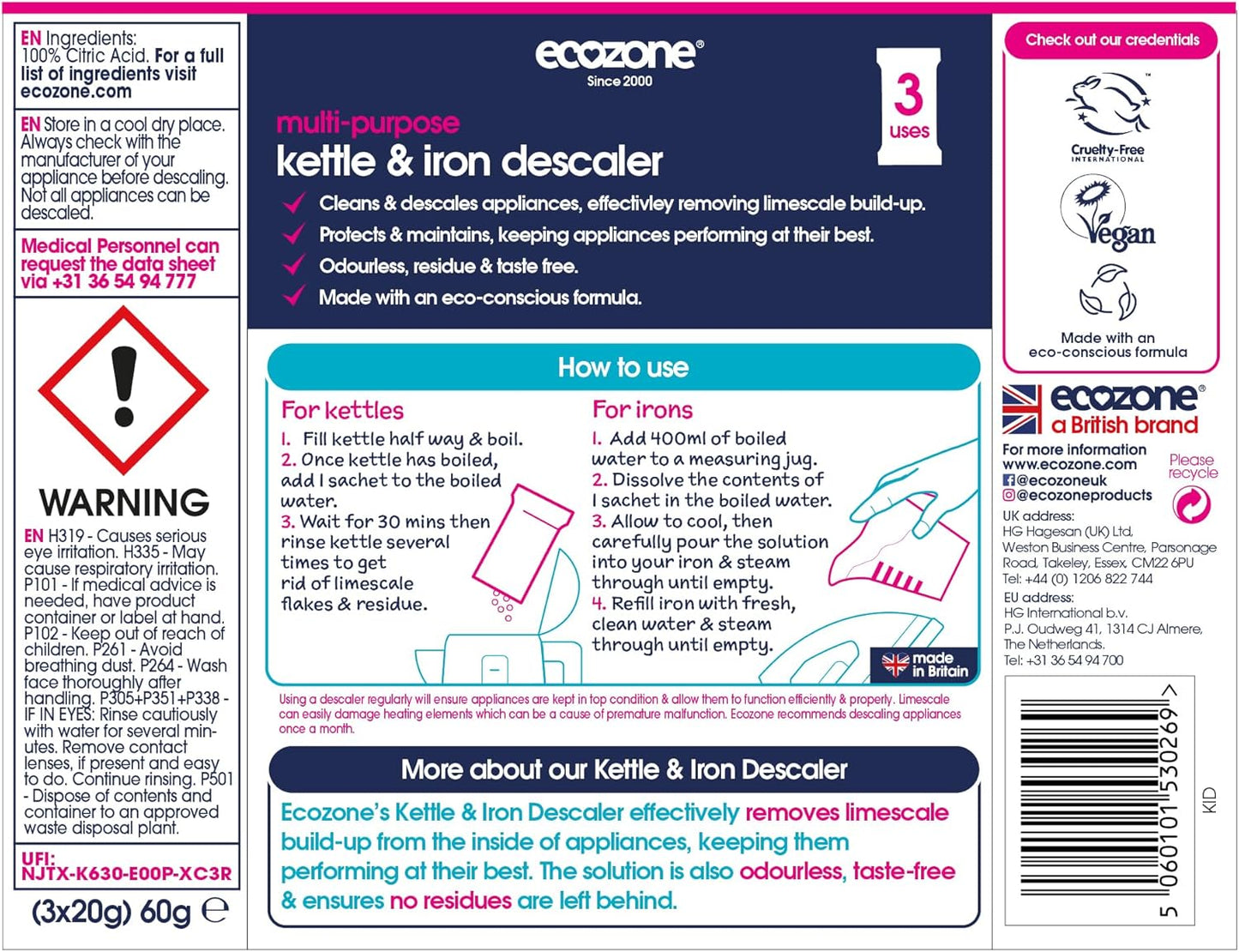 Ecozone Kettle Iron Descaler 3 Sachets