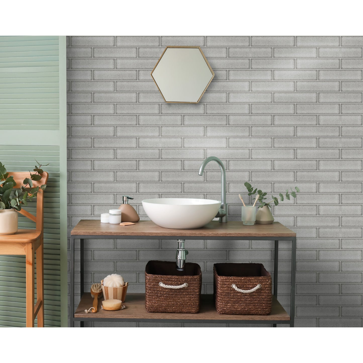 Holden Celadon Gloss Tile Grey Wallpaper (89387)