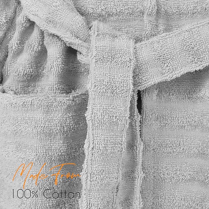 Women's Hydro Ribbed Ultra Soft 100% Cotton Hooded Bath Robes with Pockets and Belt Luxury Terry Towelling Loungewear Sleepwear in White and Grey by OLIVIA ROCCO