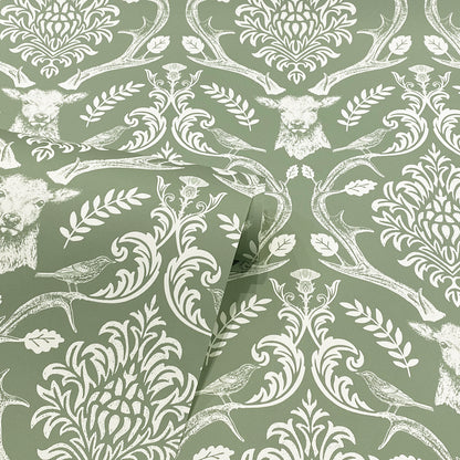 Arthouse Stag Damask Sage Green Wallpaper