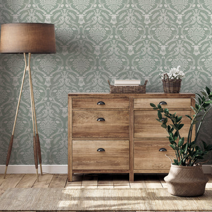 Arthouse Stag Damask Sage Green Wallpaper