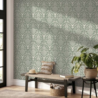 Arthouse Stag Damask Sage Green Wallpaper