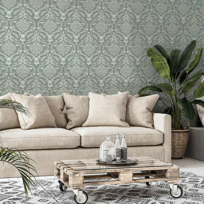 Arthouse Stag Damask Sage Green Wallpaper