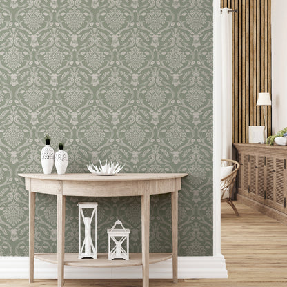 Arthouse Stag Damask Sage Green Wallpaper