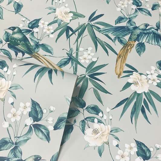 Arthouse Oriental Floral Birds Grey/Blue Wallpaper