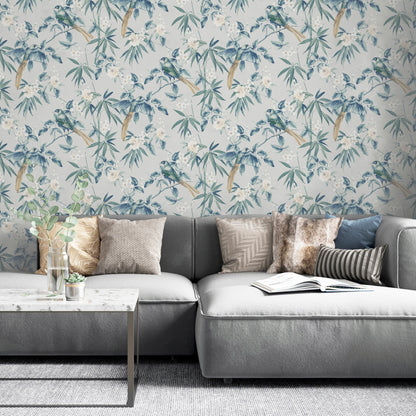 Arthouse Oriental Floral Birds Grey/Blue Wallpaper