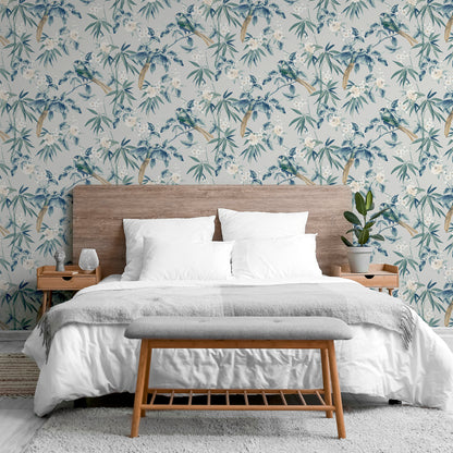 Arthouse Oriental Floral Birds Grey/Blue Wallpaper