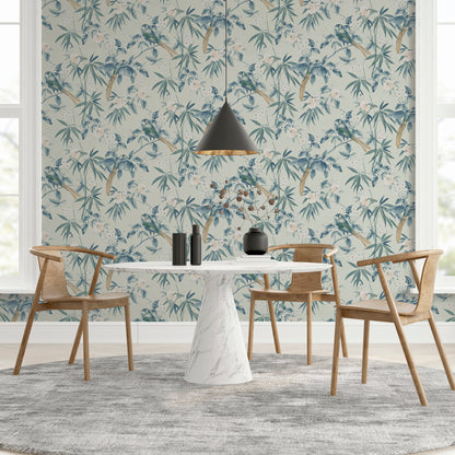 Arthouse Oriental Floral Birds Grey/Blue Wallpaper