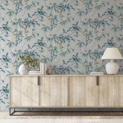 Arthouse Oriental Floral Birds Grey/Blue Wallpaper