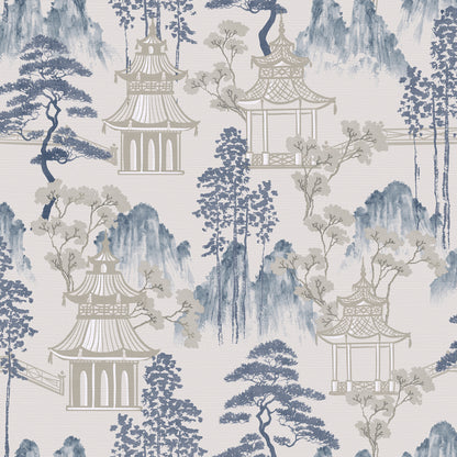 Arthouse Japanese Pagoda Blue Grey Wallpaper