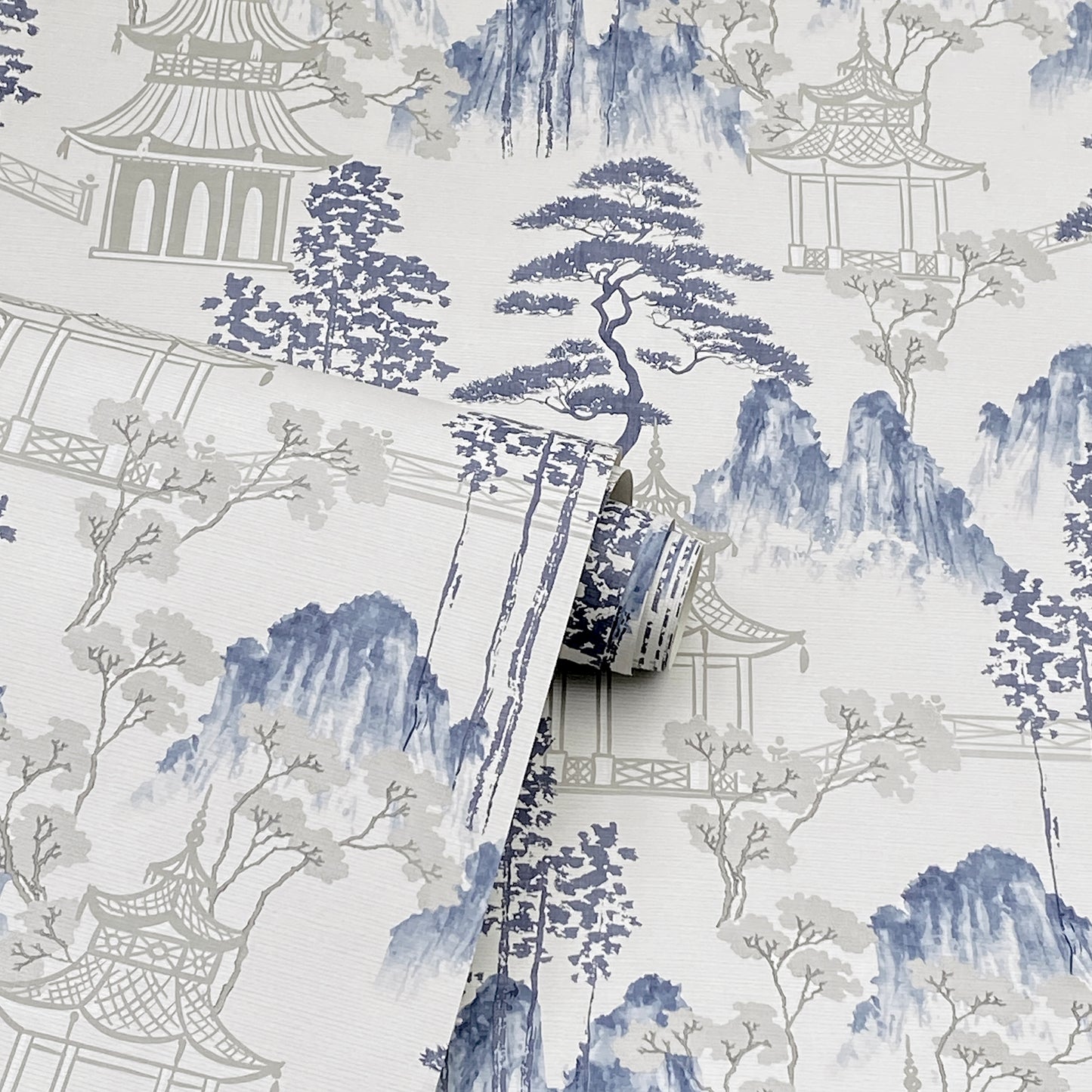 Arthouse Japanese Pagoda Blue Grey Wallpaper