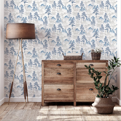 Arthouse Japanese Pagoda Blue Grey Wallpaper