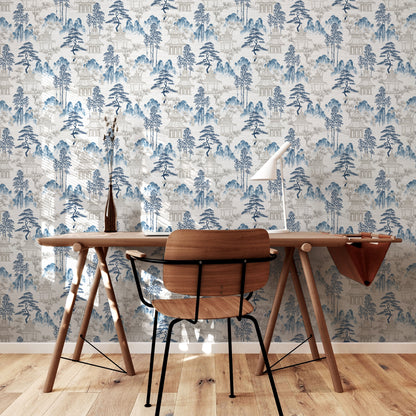 Arthouse Japanese Pagoda Blue Grey Wallpaper