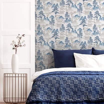 Arthouse Japanese Pagoda Blue Grey Wallpaper