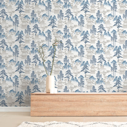 Arthouse Japanese Pagoda Blue Grey Wallpaper