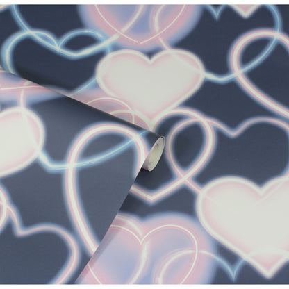 Arthouse Neon Heart Wall Navy Pink Wallpaper