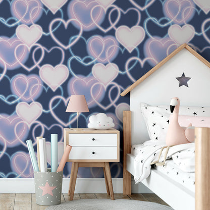 Arthouse Neon Heart Wall Navy Pink Wallpaper