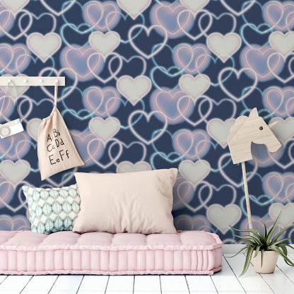 Arthouse Neon Heart Wall Navy Pink Wallpaper