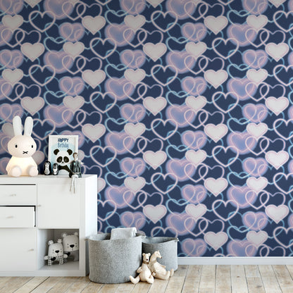 Arthouse Neon Heart Wall Navy Pink Wallpaper