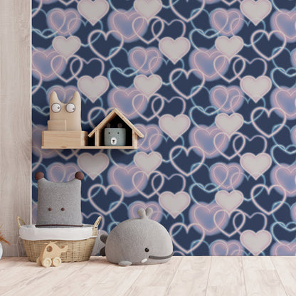 Arthouse Neon Heart Wall Navy Pink Wallpaper