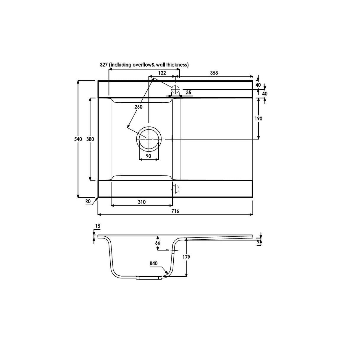 Abode Aspekt 1B &amp; Drainer Fregadero empotrado de granito - Negro metálico