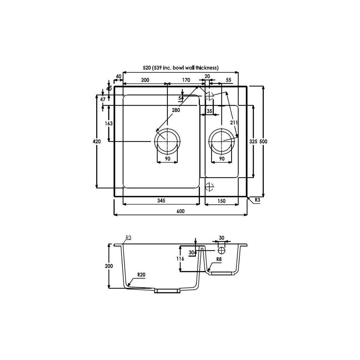 Abode Zero 1.5B Granite Inset Sink - White