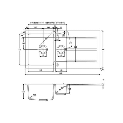 Abode Zero 1.5B & Drainer Granite Inset Sink - Black Metallic