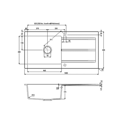 Abode Zero 1B & Drainer Granite Inset Sink - Black Metallic