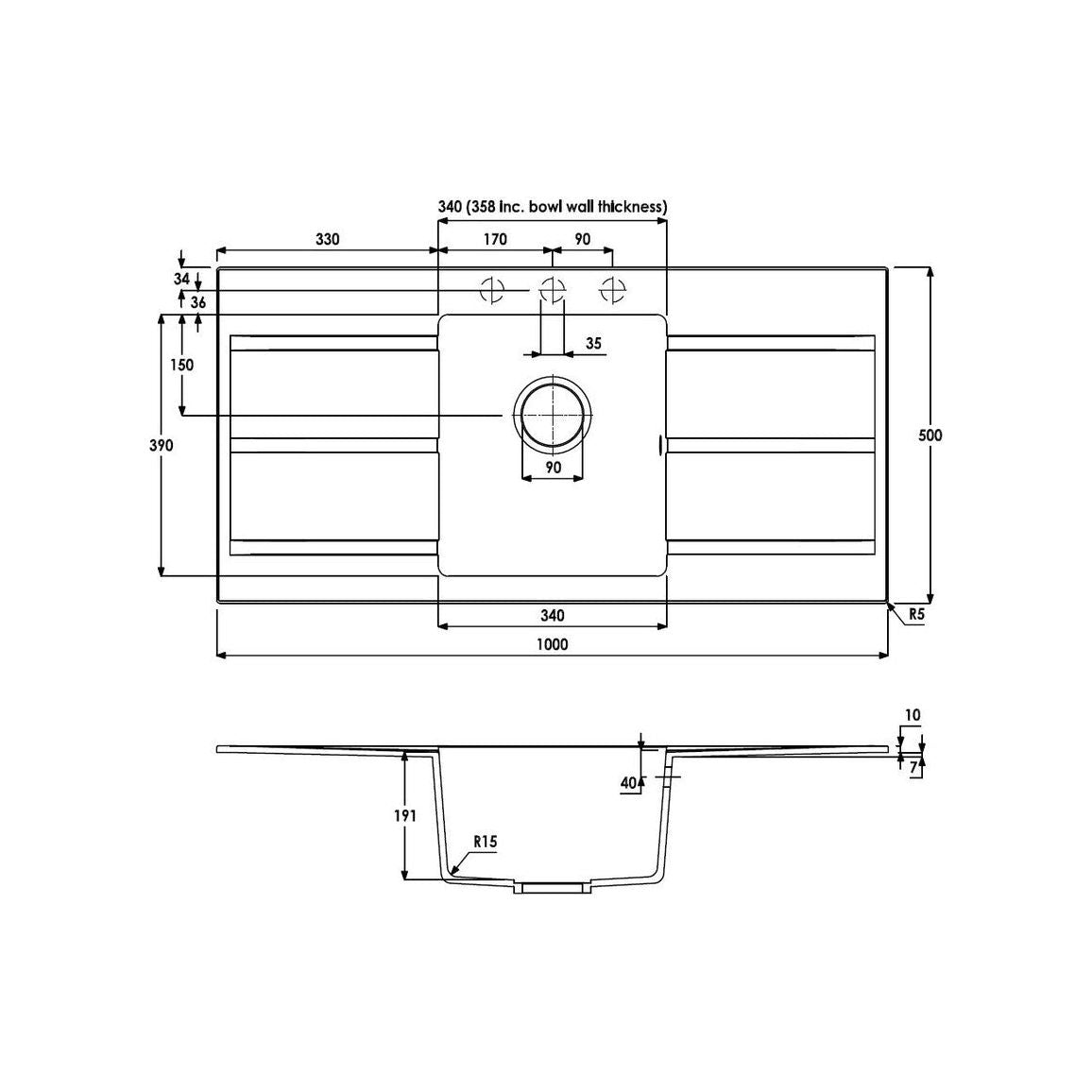 Abode Zero 1B & Double Drainer Granite Inset Sink - Black Metallic